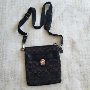 Coach Monogram Canvas Snake Scale Embossed Leather Trim Crossbody Bag